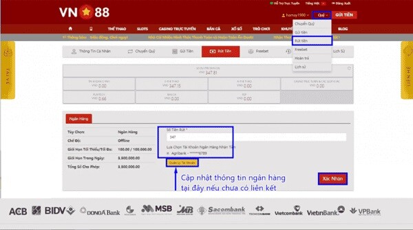 Chưa cung cấp tài khoản ngân hàng cho VN88